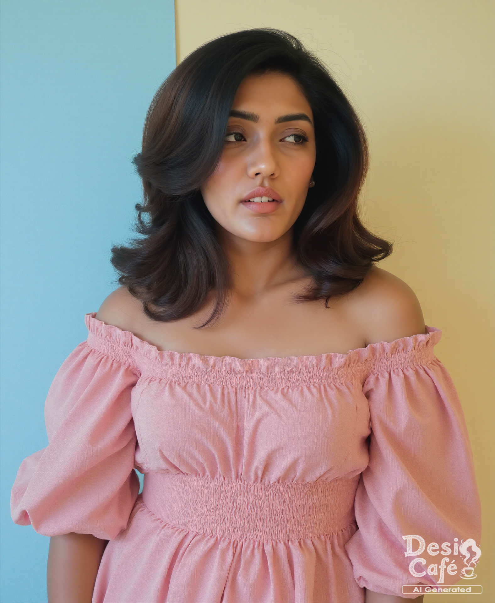 instagram photo of eesh4 r3bb4 woman, hyper realistic photo that is safe for work, shouting, studio quality image with natural colors, well dressed wearing intricate long sleeved Rose Quartz floral summer dress, hair styled as  90s blowout,muted pastel shaded multicolored background that contrasts with the person, cinematic lighting,âââââ  <lora:Eesh4_R3bb4_Eesha_Rebba_Flux_Kohya_V1:1>âââ
