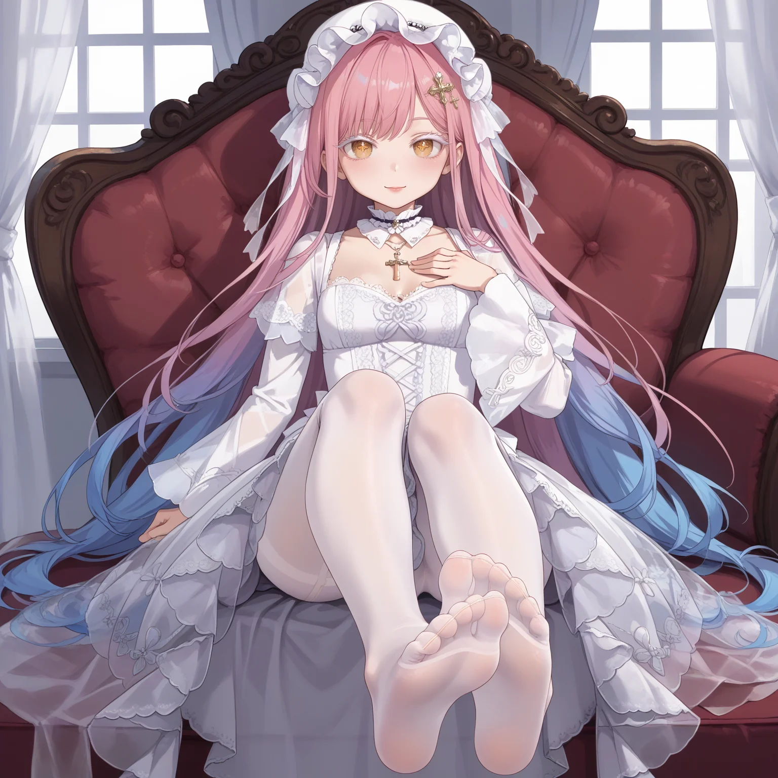 1girl,solo,
(score_9,score_8_up,score_7_up, source_anime,rating_all),
BREAK
(from back:1.2),
wariza,w_sitting,
ass,legs,feet, (foot focus:1.2),
hand on own chest,
blush,light smile,
<lora:hyxkaoru-final-psplive-pony6-flyingdeer-e26p-r2:0.9>,
very long hair,bangs,
(pink hair, (blue hair:0.55), gradient hair, multicolored hair),
hair ornament,
yellow eyes,cross-shaped pupils,
((white eyelashes:1.05), (white eyelash:1.05)),
(necklace, jewelry, (purple gem:0.15)),
((gothic fashion:0.1), (gothic gothic:0.1)),
HYXKaoruWhite,
(white headwear, see-through headwear),
(see-through dress, frills, lace trim),
(detached collar, white choker, lace choker),
(long dress, white dress, long sleeves, wide sleeves),
white ribbon,
(pantyhose, white pantyhose, (white stockings:0.55)),
BREAK
(light),(sunlight),