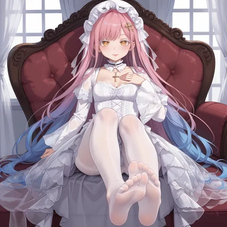 1girl,solo,
(score_9,score_8_up,score_7_up, source_anime,rating_all),
BREAK
(from back:1.2),
wariza,w_sitting,
ass,legs,feet, (foot focus:1.2),
hand on own chest,
blush,light smile,
<lora:hyxkaoru-final-psplive-pony6-flyingdeer-e26p-r2:0.9>,
very long hair,bangs,
(pink hair, (blue hair:0.55), gradient hair, multicolored hair),
hair ornament,
yellow eyes,cross-shaped pupils,
((white eyelashes:1.05), (white eyelash:1.05)),
(necklace, jewelry, (purple gem:0.15)),
((gothic fashion:0.1), (gothic gothic:0.1)),
HYXKaoruWhite,
(white headwear, see-through headwear),
(see-through dress, frills, lace trim),
(detached collar, white choker, lace choker),
(long dress, white dress, long sleeves, wide sleeves),
white ribbon,
(pantyhose, white pantyhose, (white stockings:0.55)),
BREAK
(light),(sunlight),
