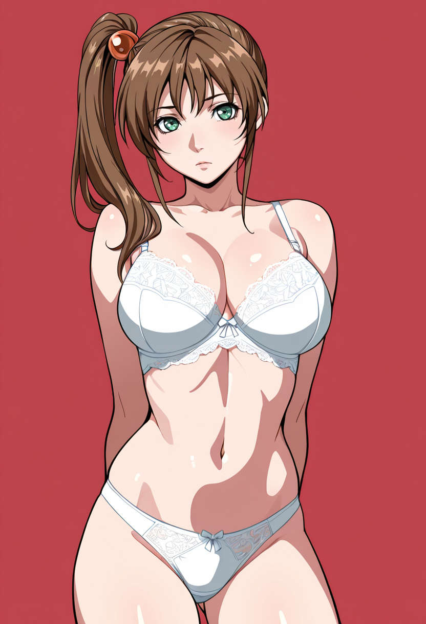 masterpiece, best quality,
1girl, solo,
standing, cowboy shot,
looking at viewer,
<lora:Kurumi_Imari:1> K0r0m11Im4r1, side ponytail, long hair, brown hair, hair bobbles, hair ornament, green eyes, large breasts, 
underwear, white panties, bra, lace trim, 
simple background, red background,