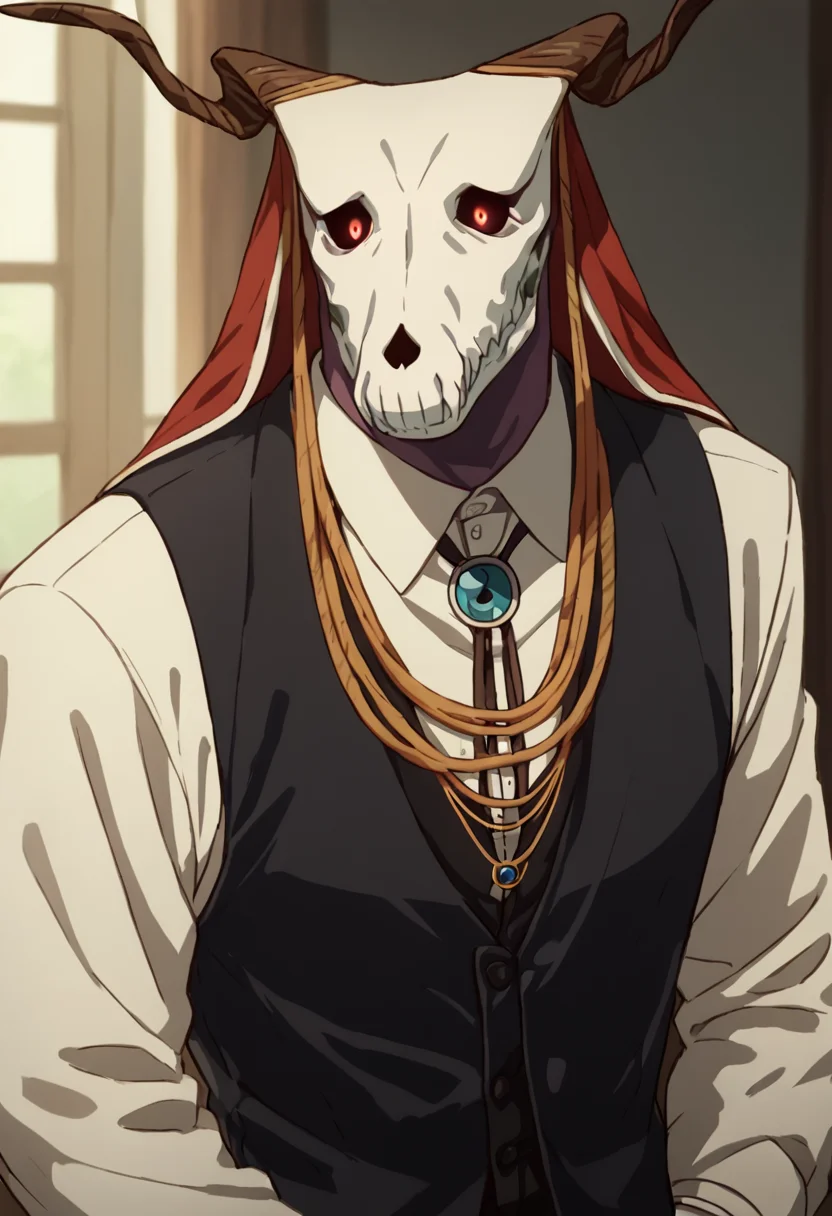 <lora:EliasAinsworthPony1.0:1> elias, 1boy, horns,skull, solo, male focus, shirt, red eyes, long sleeves, white shirt,necktie, glowing eyes,gloves, vest, collared shirt, suit, score_9, score_8_up, score_7_up, score_6_up, score_5_up, score_4_up,looking at viewer, cowboy shot,
