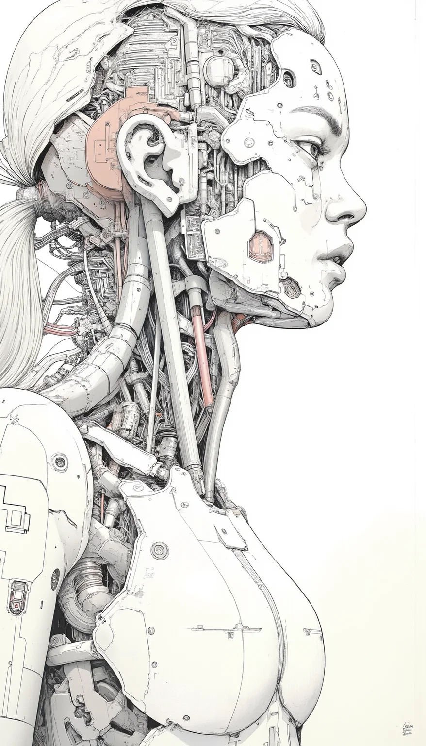 cyborgheadv2 A intricate graphic novel illustration with a cyberpunk aesthetic, with dark outlines showing android, blonde hair, breasts, cable, cyberpunk, cyborg, gun, headphones, headset, joints, lips, mechanical parts, power armor, robot joints, science fiction, solo, upper body <lora:cyborgheadv2:1.1> <lora:CPA:1>