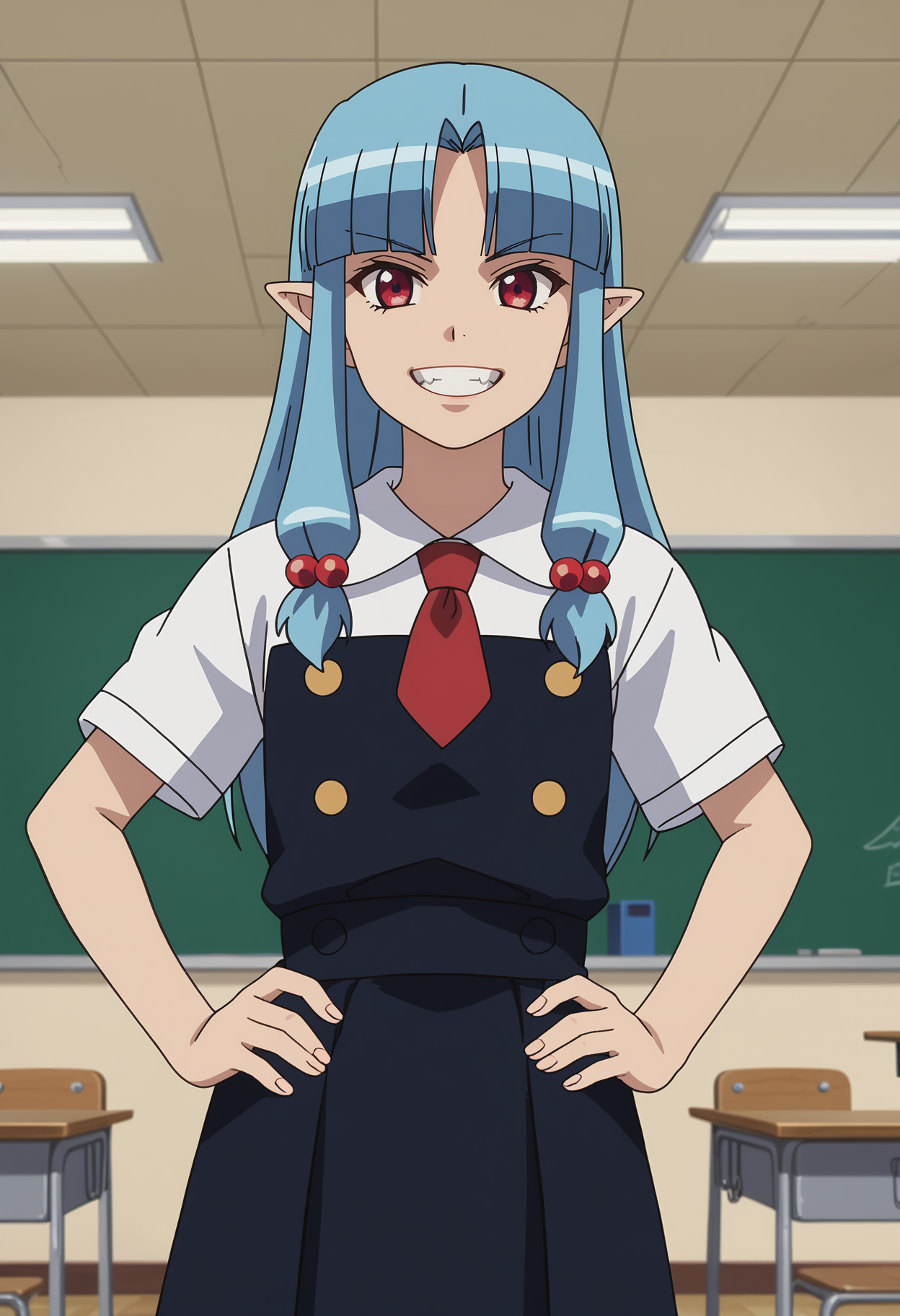 score_7_up, anime screencap,
<lora:Tsugumomo_KirihaXL:0.9>,
1girl, solo, grin, teeth,
long hair, blue hair, red eyes, parted bangs, blunt bangs, pointy ears, hair beads,
KirihaSchool, pinafore dress, black dress, white shirt, short sleeves, red necktie,
standing, looking at viewer, (cowboy shot:1.2), thigh gap, hands on own hips,
blurry background, indoors, classroom
