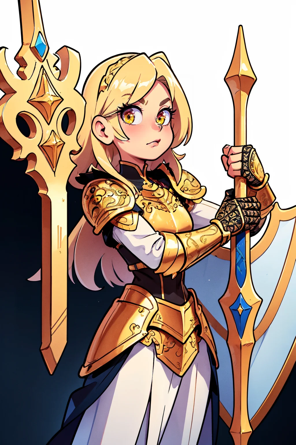 an illustration of a female paladin adorned in holy armor, wielding a holy shield, closed mouth, spiked armor, gold trim, standing, intricate background, ((closed mouth)),
masterpiece, best quality, intricate detail, high background detail, high contrast, <lora:emotion_angry_slider_v1:1> raytracing, <lora:backlight_slider_v10:1> <lora:contrast_slider_v10:2>