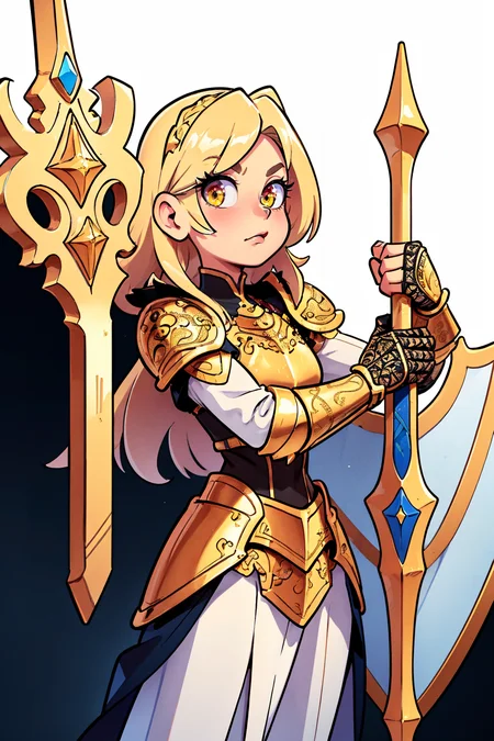 an illustration of a female paladin adorned in holy armor, wielding a holy shield, closed mouth, spiked armor, gold trim, standing, intricate background, ((closed mouth)), 
masterpiece, best quality, intricate detail, high background detail, high contrast,   <lora:emotion_angry_slider_v1:1> raytracing,  <lora:backlight_slider_v10:1> <lora:contrast_slider_v10:2>