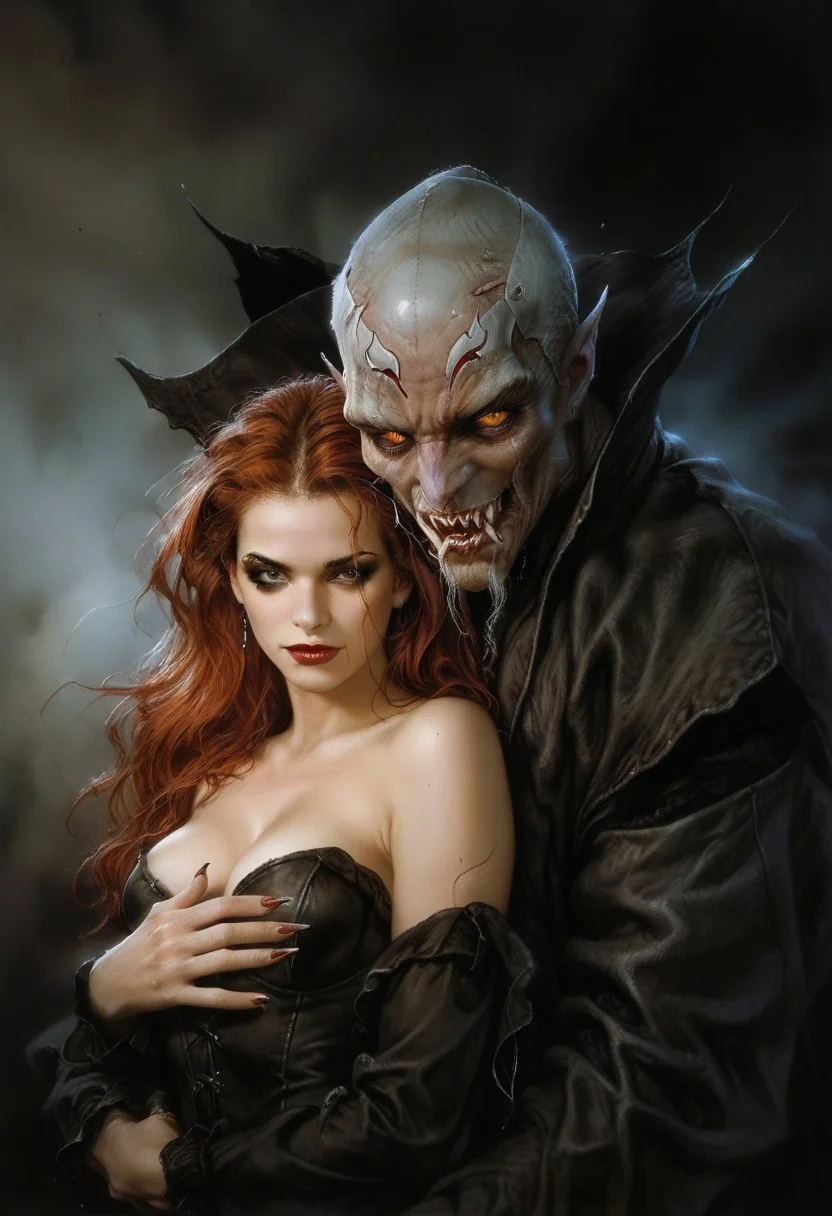 score_9, score_8_up, score_7_up, score_6_up, semi-realistic, (1girl), (1boy).
MonsterLove, male vampire.
blondie girl with sexy makeup.
Hug.