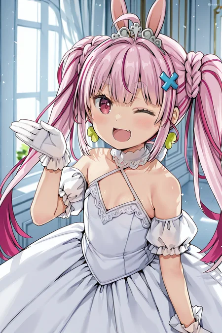 detailed background, shiny skin, posing,
<lora:natsueri.il:1>,
natsueri, 
tomari, 
princess dress, 
happy, one eye closed, light blush, tiara,