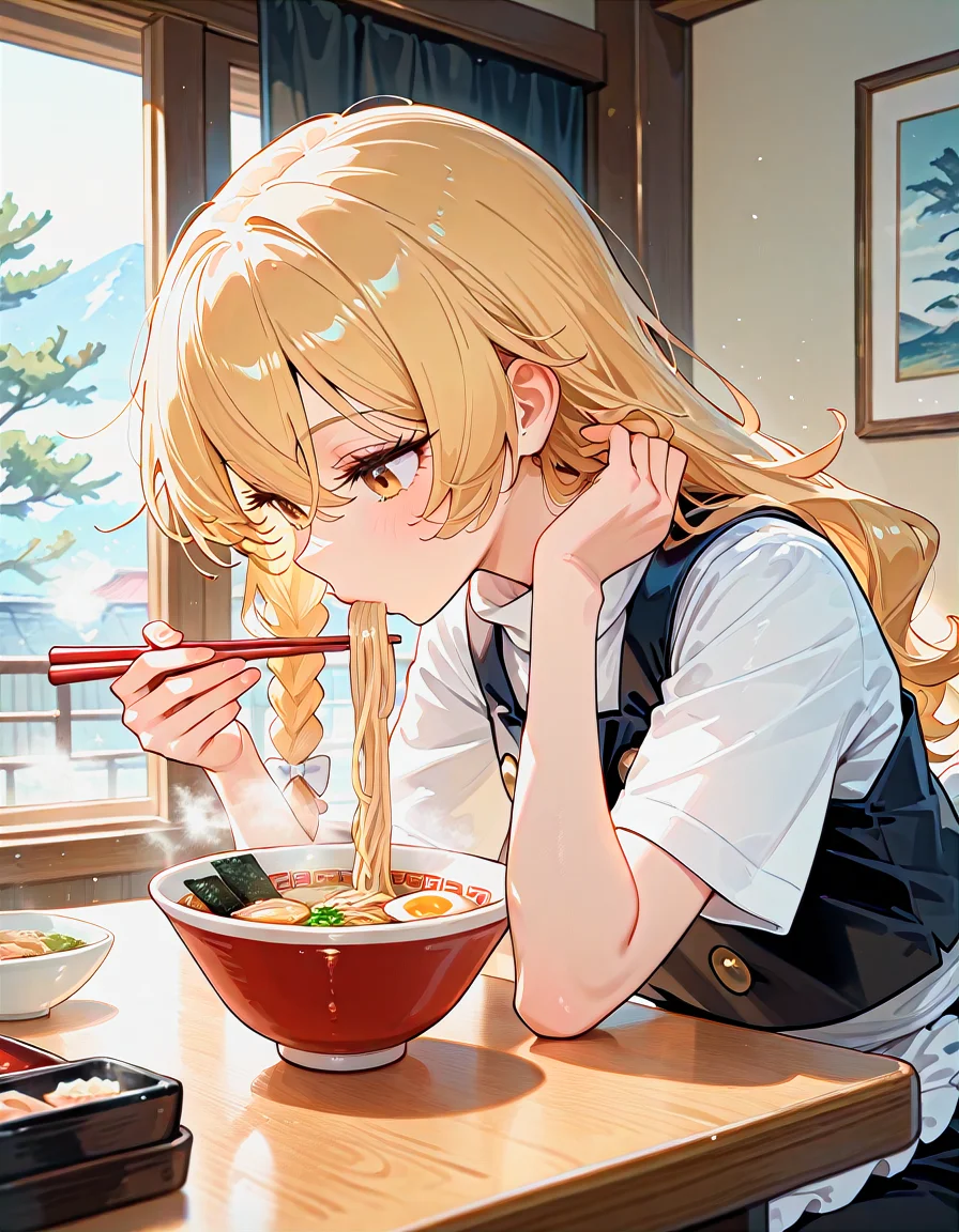 masterpiece, best quality, anime coloring, contorapposto, <lora:LECO_BadHands:1>, <lora:eyelashext_v10:0.6>, <lora:thick_eyelashes_illustrious_20K-000017:0.4>, thick eyelashes, [photo background::0.5], blurry foreground BREAK 1girl, kirisame marisa, leaning forward, head down, looking down, looking ahead, hand up, hair flip, table, ramen, bowl, chopsticks, eating, food in mouth, holding chopsticks, indoors, sitting, steam, food, upper body, from side