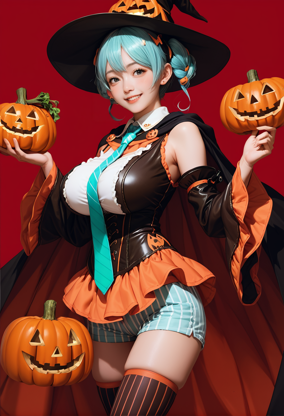 1girl,cowboy shot,red background,,ruanyi1053,aqua necktie,cape,detached sleeves,frills,halloween costume,jack-o'-lantern,vertical-striped thighhighs,vertical-striped shorts,wide sleeves,holding vegetable,<lora:1053 halloween costume_v1_pony:1>, score_9, score_8_up, score_7_up, score_6_up, score_9, score_8_up, score_7_up, score_6_up source_anime, blush, 1girl, seduce smile, perfect body , natural huge breasts