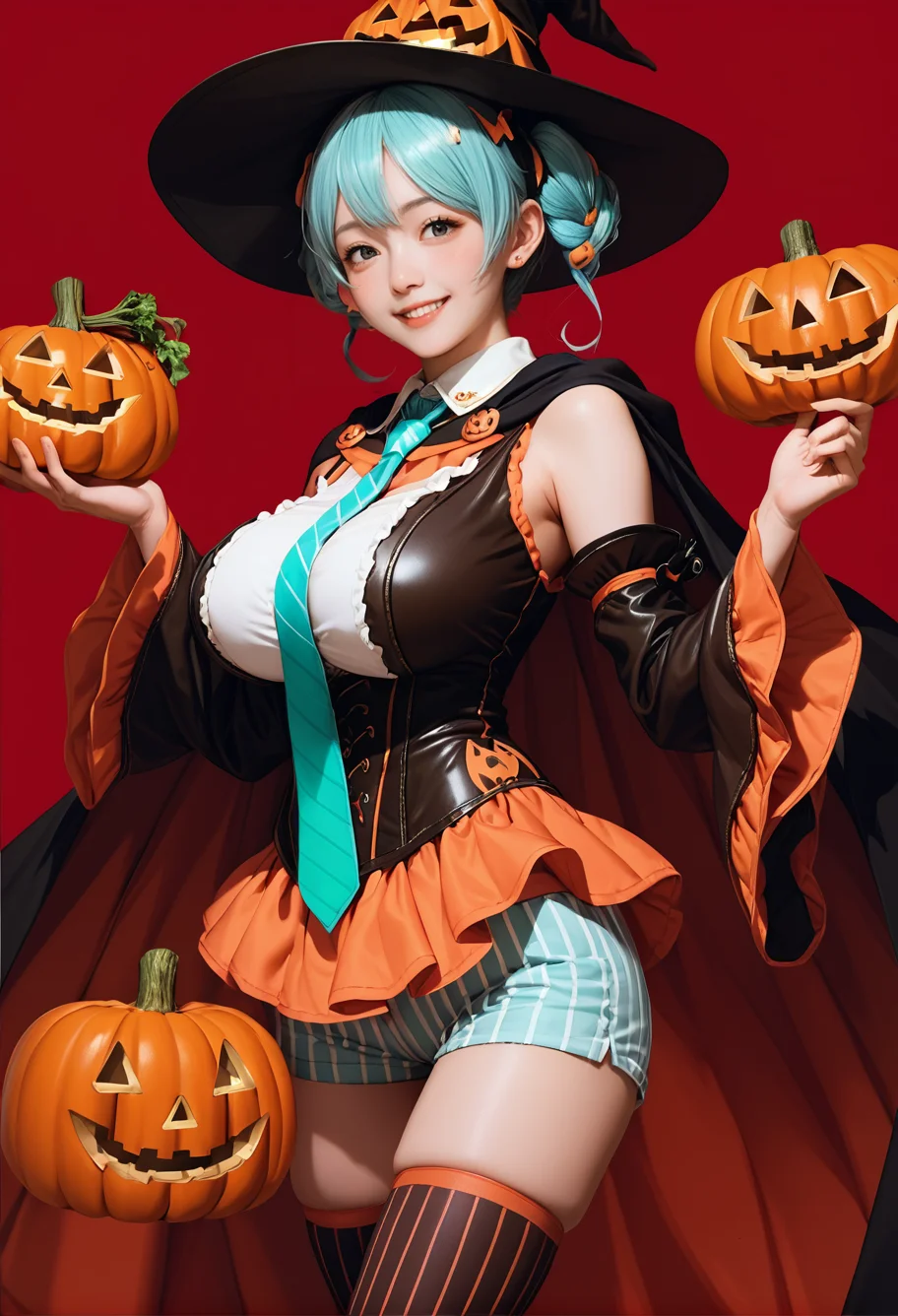 1girl,cowboy shot,red background,,ruanyi1053,aqua necktie,cape,detached sleeves,frills,halloween costume,jack-o'-lantern,vertical-striped thighhighs,vertical-striped shorts,wide sleeves,holding vegetable,<lora:1053 halloween costume_v1_pony:1>, score_9, score_8_up, score_7_up, score_6_up, score_9, score_8_up, score_7_up, score_6_up source_anime, blush, 1girl, seduce smile, perfect body , natural huge breasts