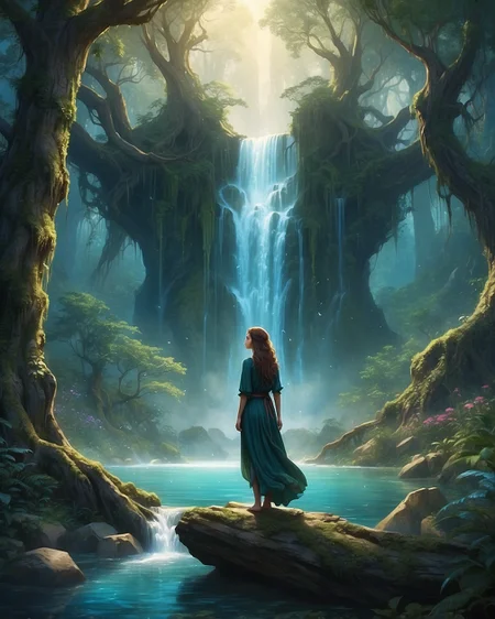 A woman stands in the heart of an enchanted forest, surrounded by ancient trees and magical flora. A mysterious waterfall cascades in the background, its ethereal waters whispering secrets. Capture the essence of her curiosity and wonder as she embarks on a journey into the enchantment surrounding her.