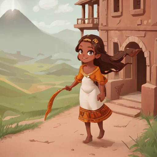 female, age 25, african american, bronze skin, honey eyes, long wavy hair, wild hair, high cheek bones, round face, cute, highly detailed, sharp focus, stunningly beautiful, looking at camera, smile, sultry look, makeup, full body, barefoot, mountains in background <lora:the_journey_game_style_v1-000029:1> the_journey_game_style