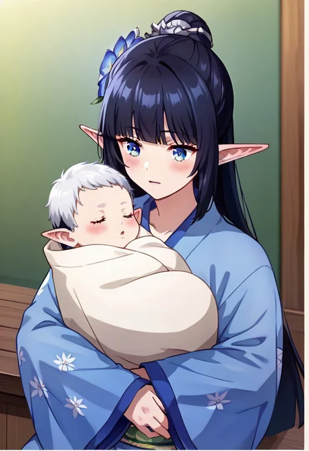 (ultra-detailed, ultra detailed), (master piece, best quality, high resolution), zPDXL, (score 9), (score 8 up), (score 7 up), (score 6 up:0.5), (high quality face), ultra quality face, (super detailed beautiful face), detailed face, beautiful eyes, detailed eyes, extremely detailed,
source_anime, anime screencap, Anime Screencap, animation, (2D),
1girl, score_9,score_8_up,score_7_up, blanket over body,
elf ,pointy ears, blue eyes and long black hair, couplelunia, blue kimono, long black hair mother, wide long sleeves blue kimono, white sock, green obi, himecut, hime cut, blush, black hair wife, blue eyes, close up shot, upper body, blue flower hairpin,
looking down at baby, sitting down, (baby sleeping), baby carry, holding baby,
