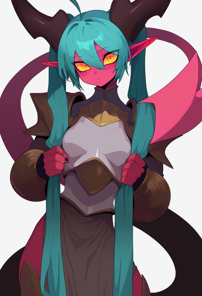 masterpiece, best quality, very aesthetic, high resolution, ultra-detailed, absurdres, newest, extremely detailed eyes, beautiful, perfect lighting, hi res, amazing quality, very awa, COLIG_ST, tail, female focus, horns, 1girl, yellow eyes, red skin, colored sclera, simple background, looking at viewer, fingernails, armor, pointy ears, no humans, white background,  long hair, hatsune miku, armor, aqua hair, ahoge