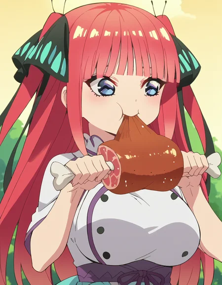 score_9, score_8_up, score_7_up, source_anime, <lora:nnakano-s2-ponyxl-lora-nochekaiser:1>, long hair, bangs, blue eyes, hair ornament, hair ribbon, pink hair, blunt bangs, two side up, butterfly hair ornament, large breasts, anime screencap, <lora:boned-meat-ponyxl-lora-nochekaiser:1>, boned meat, holding, food, eating, holding food,, ,