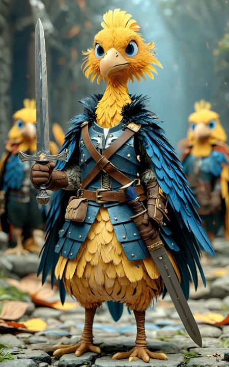 XUER Pixar style,solo,looking at viewer,blue eyes,gloves,holding,standing,full body,weapon,belt,sword,cape,holding weapon,blurry,no humans,depth of field,blurry background,bird,holding sword,own hands together,feathers,knife,1other,brown gloves,fantasy,holding knife,dagger,blue cape,holding dagger,talons,beak,
<lora:绪儿 皮克斯风格  XUER Pixar style:0.8>,
highly detailed,masterpiece,highest quality,highly detailed,ultra-high resolutions,32K UHD,best quality,masterpiece,rich colors,unconventional supreme masterpiece,masterful details,