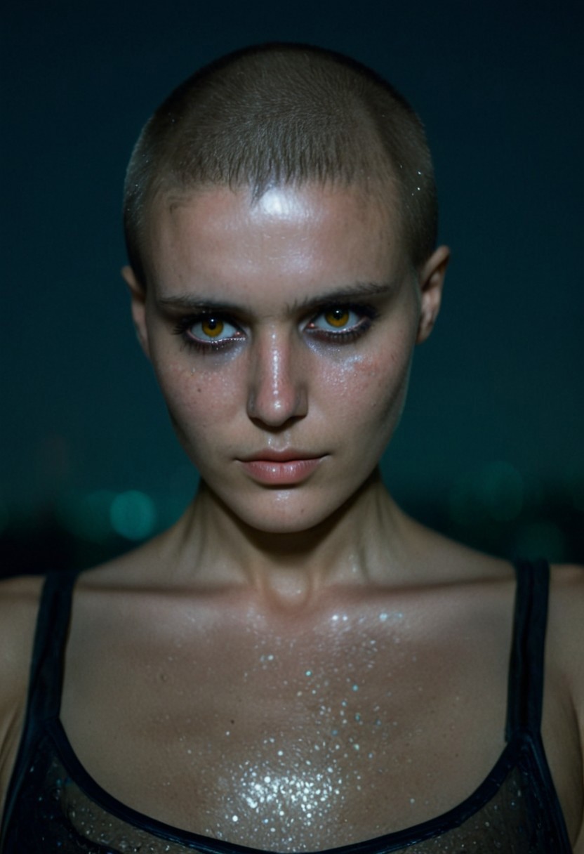 Buzzcut, no hair, bald, Blade Runner style, cinematic film still, (Skin Texture, pores, natural,iPhone,RAW)), natural lighting, Highest Quality closeup Portrait photo of a woman with a ((buzzcut)), silver eyes, Nikon Z9, realistic matte skin, blurry city in the background, at night, moody, epic, gorgeous, 8K,