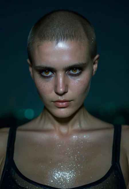 Buzzcut, no hair, bald, Blade Runner style, cinematic film still, (Skin Texture, pores, natural,iPhone,RAW)), natural lighting, Highest Quality closeup Portrait photo of a woman with a ((buzzcut)), silver eyes, Nikon Z9, realistic matte skin, blurry city in the background, at night, moody, epic, gorgeous, 8K,