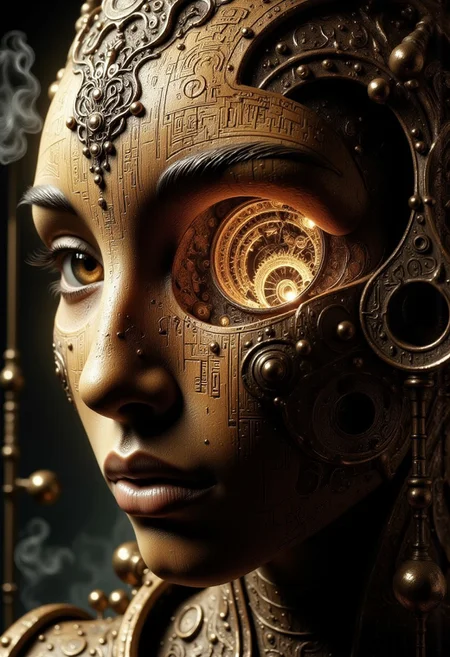 An ultra close-up portrait of a steampunk automaton, showing just over half of the face, framed symmetrically from the left. The head is tilted slightly upward, creating an intimate, enigmatic perspective. The head is a hollow, featureless piece of carved wood and brass, shaped into a smooth, rounded form without facial features. Only the left half of the wooden head is visible, revealing intricate brass inlays, delicate filigree, and small rivets that give it a handcrafted, Victorian-era aesthetic. In the center of the forehead, there is a prominent clockwork-shaped cutout, its edges smooth and mechanical, resembling a delicate gearwork aperture. The void is hollow and dark, but a soft golden light glows faintly from within, illuminating gears, cogs, and intricate mechanisms inside the wooden interior. As the light flickers, the faint motion of gears turning is subtly visible, adding a sense of movement to the stillness. The wooden surface is polished and adorned with faint, engraved schematics, resembling blueprints for an ancient machine. The clockwork-shaped void draws the viewer’s gaze into the hollow interior, symbolizing ingenuity, time, and the mystery of creation. The background is dark and minimalistic, with a faint haze of steam and the glimmer of brass pipes in the distance. The contrast between warm, mechanical elegance and the hollow, surreal void creates a haunting narrative of time, invention, and artificial consciousness.