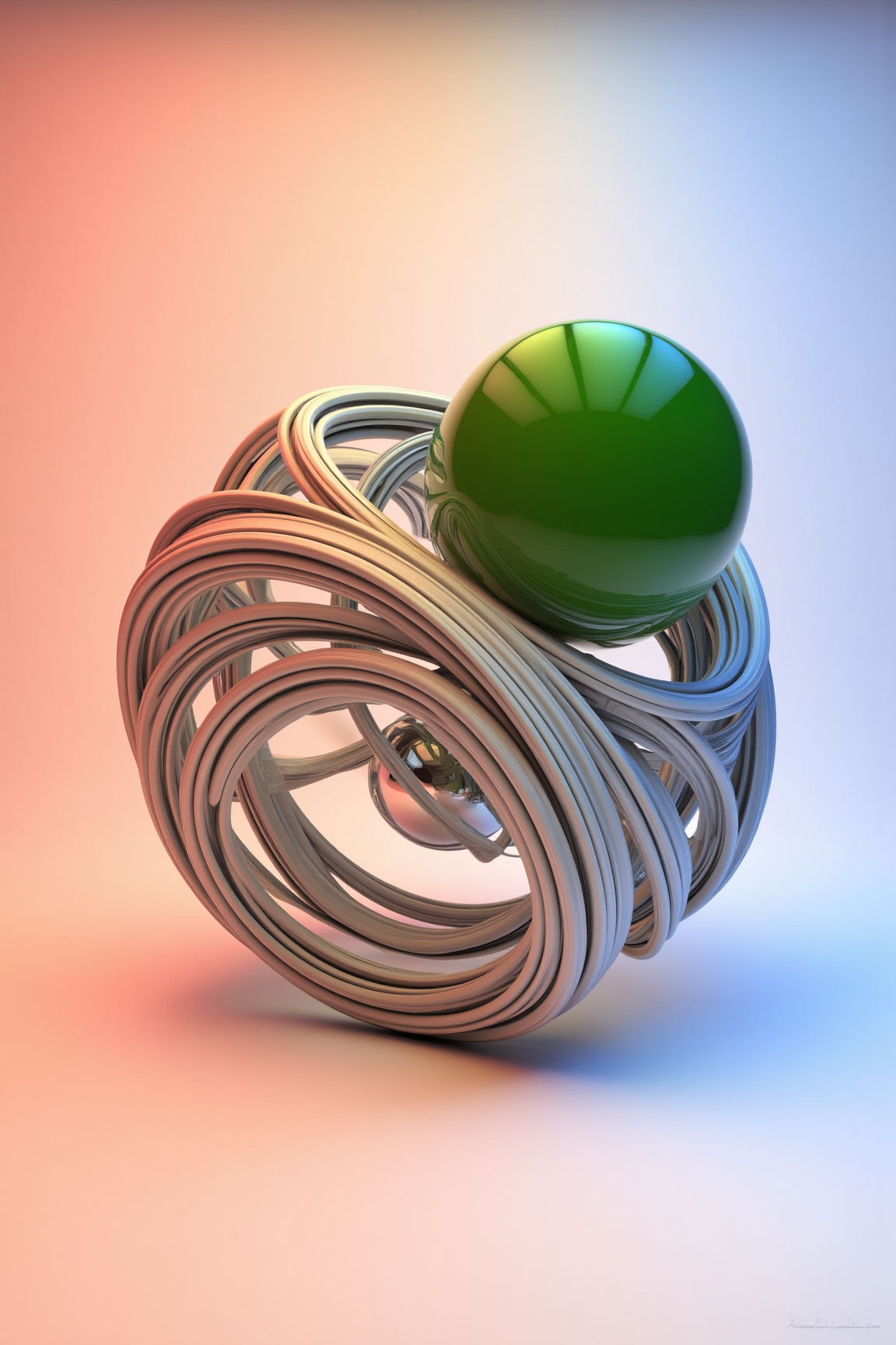 A 3D Rendered abstract of, sharp photo of a 3D rendering of a spherical object that appears to be made up of multiple layers of thin, curved lines. The lines are arranged in a way that creates a sense of depth and dimension. The object is placed in the center of the image, with the top layer being the largest and the bottom layer being smaller. The top layer is a light green color with a shiny, reflective surface. The background is a pale pink color, creating a contrast with the dark green of the object. The image has a soft, dreamy quality to it.