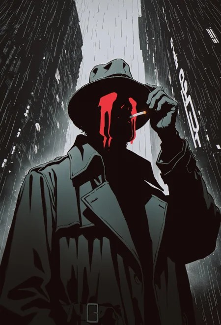 male focus, solo, upper body, from below, hunched over, adsam, monochrome,
fedora, trench coat, hand on headwear, hat over eyes, silhouette, streaming tears, cigarette, dark background, city, rain, [overcast],
vdsur, surreal, realistic, limited palette, blending, spot color,
masterpiece