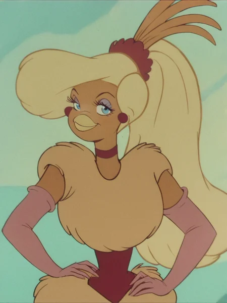 goldie, 1girl, bird girl, long hair, blonde hair, solo, elbow gloves, blue eyes, choker, earrings, ponytail, makeup, fur dress, furry,looking at viewer, smile,upper body, hand on own hip, score_9, score_8_up, score_7_up, score_6_up <lora:GoldieRockaPony1.0:1>