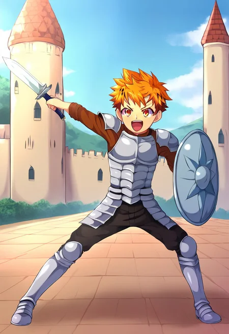 hiro akiba, orange eyes,orange hair ,short hair, small body, young, equip red heavy knight armor, holding sword and shield, happy expression, fight pose, castle in the background, solo, full body, blue sky in the background,