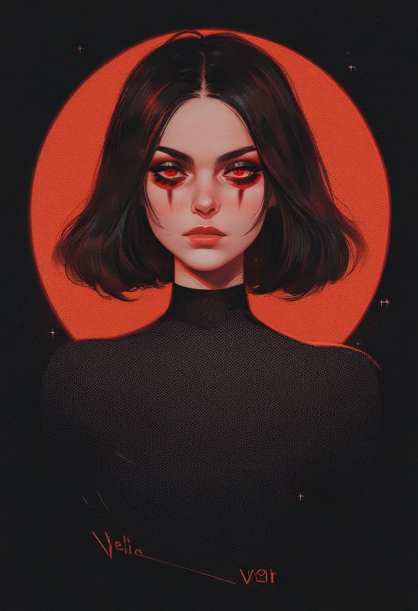 score_9, score_8_up, score_7_up, score_6_up, VitWaterStyle, 1girl, red eyes, black background, 1girl, dark, black bodysuit, suggestive pose, dynamic pose, moonlight, perfect female waist, halftone lighting, makeup, eyeliner, eyeshadow, mascara, detailed drawing
