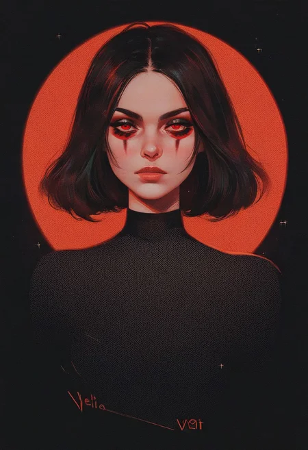 score_9, score_8_up, score_7_up, score_6_up, VitWaterStyle, 1girl, red eyes, black background, 1girl, dark, black bodysuit, suggestive pose, dynamic pose, moonlight, perfect female waist, halftone lighting, makeup, eyeliner, eyeshadow, mascara, detailed drawing