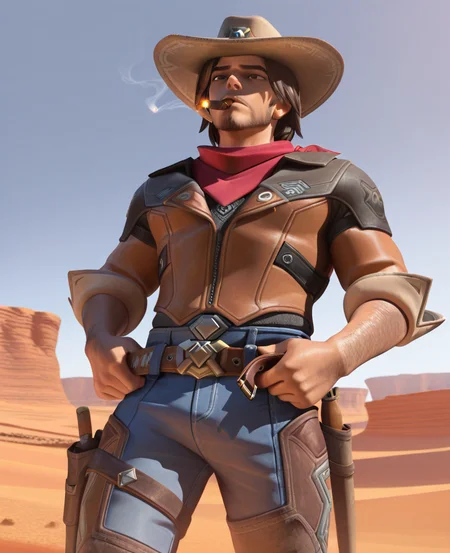 masterpiece, best quality, amazing quality, highres, absurdres, intricate detail, 3d, realistic, very aesthetic, scenery, cinematic, <lora:Overwatch_Cinematic_ILLUS_4_LAST-000008:0.8> , 1boy, portrait, expressionless, cassidy \(overwatch\), cowboy hat, upper body, outdoors, desert, portrait, smoking, cigar, upper body, cowboy shot, fixing belt, hands on belt, pants, facing up, from below, looking down,