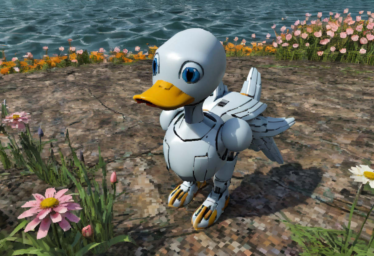A robot duck, by lake, flowers, closeup, y2k3dnerdessence <lora:y2k3dnerdessence_v0.0.1:0.75>