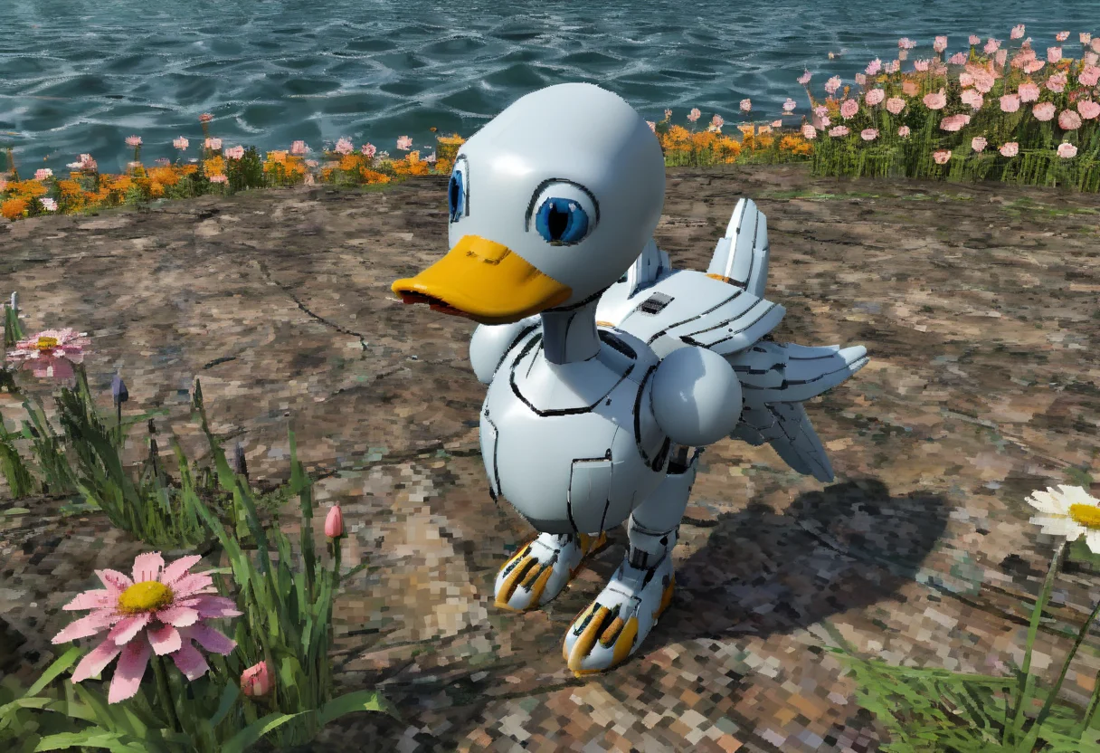 A robot duck, by lake, flowers, closeup, y2k3dnerdessence <lora:y2k3dnerdessence_v0.0.1:0.75>