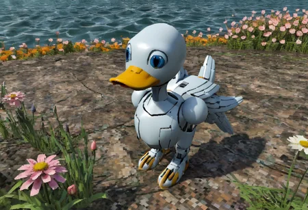 A robot duck, by lake, flowers, closeup, y2k3dnerdessence <lora:y2k3dnerdessence_v0.0.1:0.75>