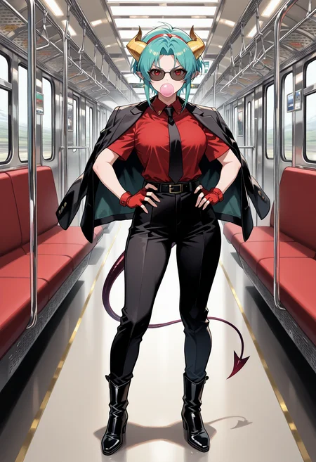 masterpiece, best quality, 1girl, solo, carreradg, aqua hair, horns, gold horns, short hair, pointy ears, purple lips, red shirt, collared shirt, suit, black jacket, short sleeves, (jacket on shoulders:1.2), sunglasses, red hairband, sparkle, train, train interior, hands on hips, full body, red eyes, demon tail, black pants, black belt, black necktie, red gloves, fingerless gloves, boots, black footwear, looking at viewer, v-shaped eyebrows, blowing bubbles, chewing gum
