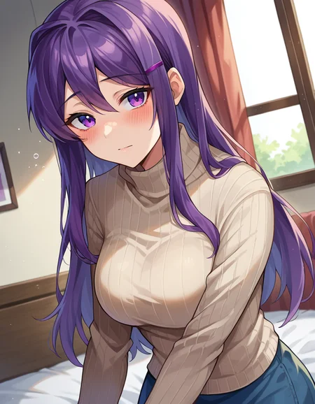 score_9, score_8_up, score_7_up, source_anime,
ddlcyuri, <lora:ddlc-yuri-ponyxl-lora-nochekaiser:1>
ddlcyuri, hair ornament, hairclip, long hair, purple eyes, purple hair,
casual clothes, grey sweater, miniskirt, pants, ribbed sweater, skirt, sweater, turtleneck, turtleneck sweater,
indoors, bed, bed room, on side, blush, drunk,
looking at viewer, dutch angle, cowboy shot,