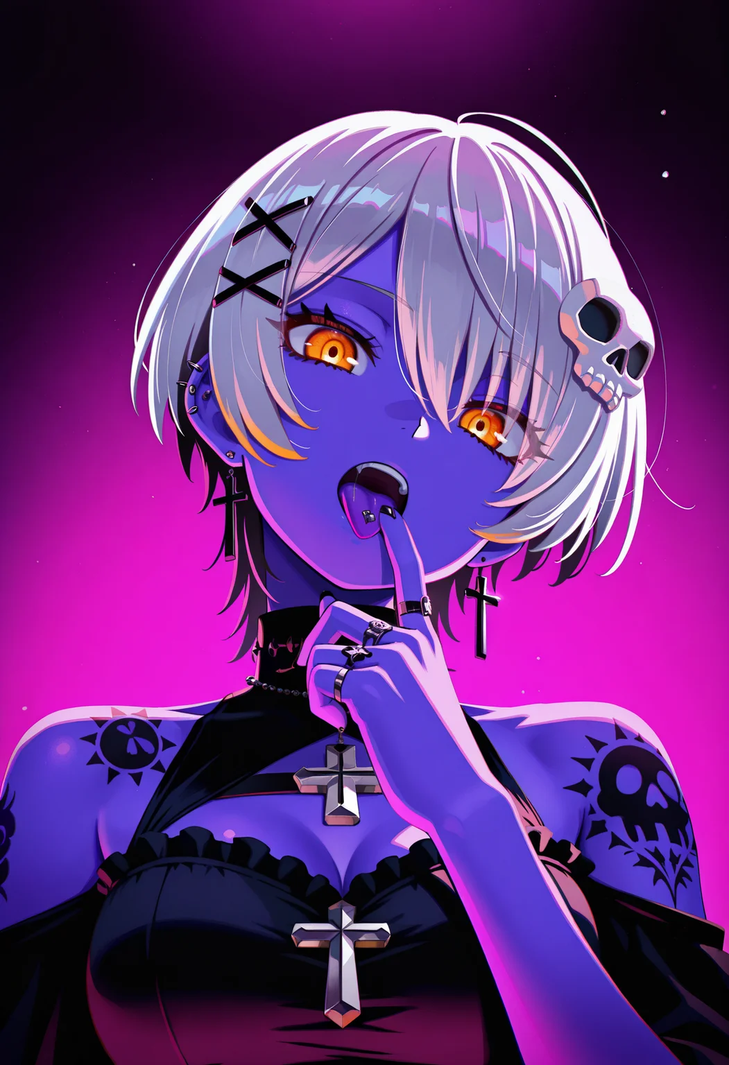 purple light,
1girl, grey hair, breasts, short hair, orange eyes, solo, looking at viewer, hair ornament, jewelry, upper body, earrings, tongue, tongue out, tattoo, colored skin, piercing, ring, cross, ear piercing, black nails, skull hair ornament, cross earrings, gothic,
chromatic aberration, vivid_color, strong_colors, colorful, finger sucking, finger in own mouth, shoulder tattoo, bare shoulders,
head tilt, looking at viewer, from below, portrait, close-up, 
kunitarouartstyle,   <lora:kunitarouartIL-style:1>