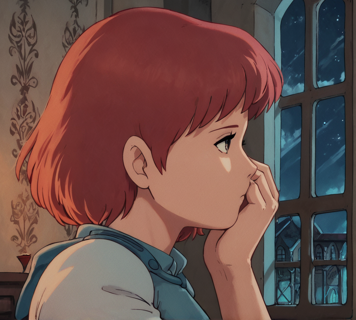Nausicaa, red hair, zPDXL, best quality, amazing quality, score 9, 1girl, indoors, bedroom, night, window, looking out window, hand on face, bored, <lora:Nausicaa_r2:0.8>