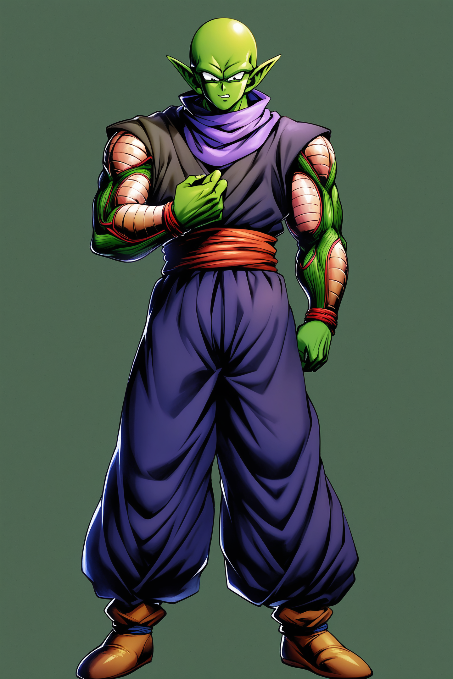 male focus,1boy,colored skin,solo,green skin,pointy ears,piccolo,full body,white background,fingernails,teeth,standing,simple background,<lora:Dragon Ball_XL:0.8>,