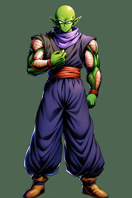 male focus,1boy,colored skin,solo,green skin,pointy ears,piccolo,full body,white background,fingernails,teeth,standing,simple background,<lora:Dragon Ball_XL:0.8>,