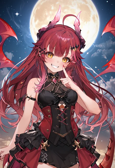 sourced_anime, 1girl, (SudaYoruka:1.1), dragon horns, dragon tail, (dragon wings:0.8), (mini wings:1), highly detailed yellow eyes, looking at viewer, (crazy eyes:1), evil grin, 
interesting background, detailed background, aerial, cinematic angle, dynamic angle, (dynamic pose:1.3), gradient, starry sky, blue sky, cloudy sky, (finger gun:1), cowboy shot, moon, 
<lora:SudaYorukaXL_autismmixPony2:1.1>, <lora:Shine_colorful_XL_15E2B3A3C_RT:1.2>, (Shine colorful:1.2), <lora:add-detail-xl:0.5>