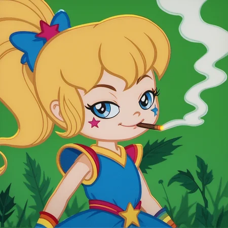 score_9, solo, 1girl, rb2014, rainbow motif, blue eyes, blonde hair, ponytail, smug, smoking joint, weed, smoke, looking at viewer, upper body, star (symbol), detailed face, dress, child, traditional media, official screencap, retro artstyle, psychedelic background, <lora:rb2014:1>,