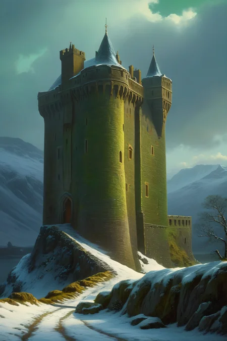 fantasy atmosphere, (snow, snowy winter landscape), (a Scottish tower keep in the Scottish Highlands), (13th Century:1.5), epic sky, dramatic atmosphere, dream scenery art, beautiful oil painting, masterpiece, highres, <lora:add-detail-xl:1> <lora:Aros_Castle_Style:0.7>
