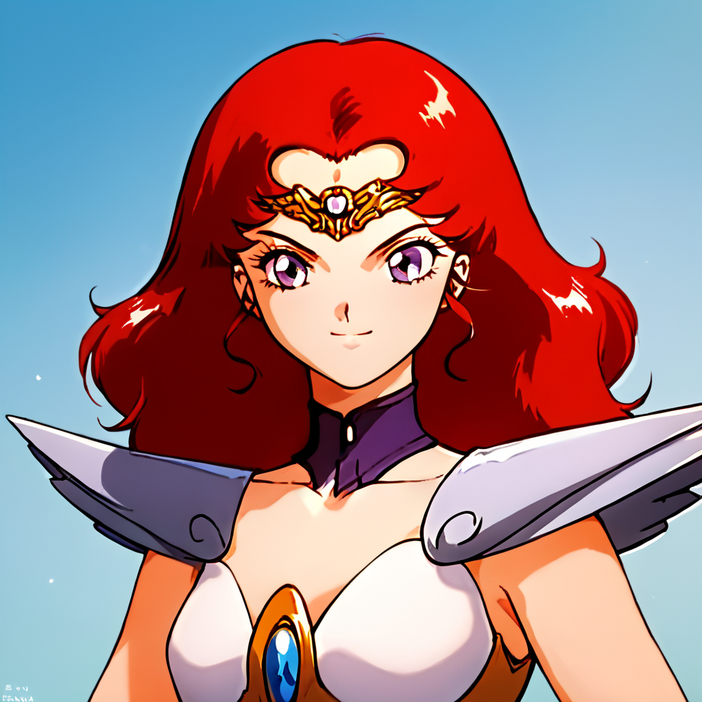 score_9, score_8_up, score_7_up, score_6_up, score_5_up, score_4_up, source_anime, , Engel_Salvia, long hair, red hair, purple eyes, armor, white skirt, , soft smile, portrait