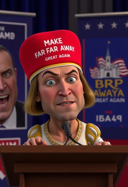 A semi-realistic closeup of Lord Farquaad standing at a podium, passionately addressing a large, unseen crowd. His expression is overly serious and dramatic, with a slight smirk as though he's basking in the attention. He's wearing a bright red 'MAGA'-style hat that reads 'MAKE FAR FAR AWAY GREAT AGAIN' in bold white letters. The backdrop features banners with Farquaad’s face and an exaggeratedly patriotic logo featuring a castle and a waving flag. His tiny stature is humorously contrasted by the grandiosity of his gestures, as he leans into the microphone with theatrical intensity. The lighting emphasizes his face, making the absurdity of the moment even more comical