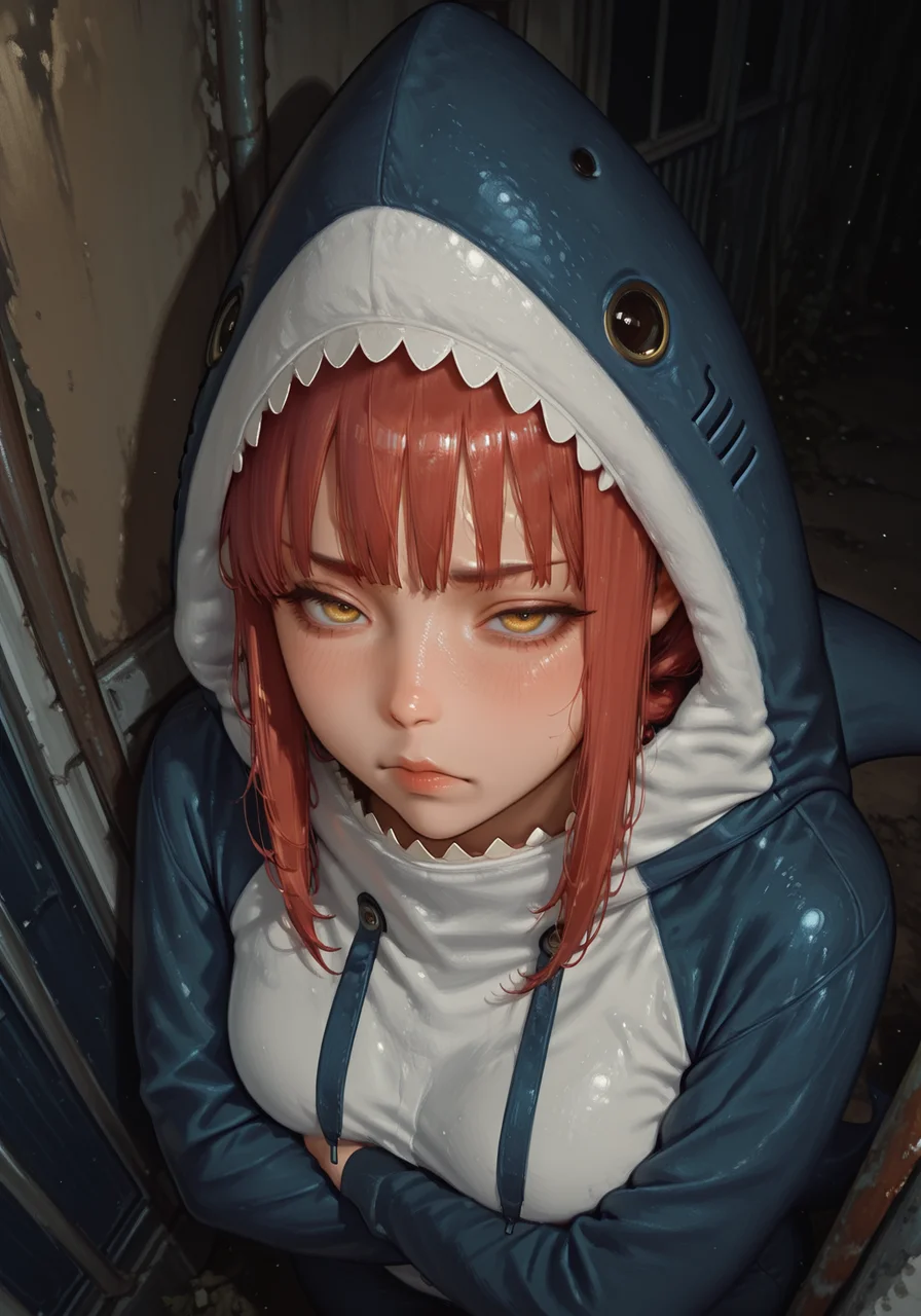 embedding:IllusP0s, artist:moriimeee, makima, blahaj, shark costume, frown, arms crossed, outdoors, from above, night, alleyway, 1girl, solo, realistic, red hair, yellow eyes, embedding:IllusP0s, embedding:Smooth Quality,<lora:MoriiMee_Gothic_Niji_Style_Illustrious_r1.safetensors:1.0:1.0> <lora:blahaj.safetensors:1:1>