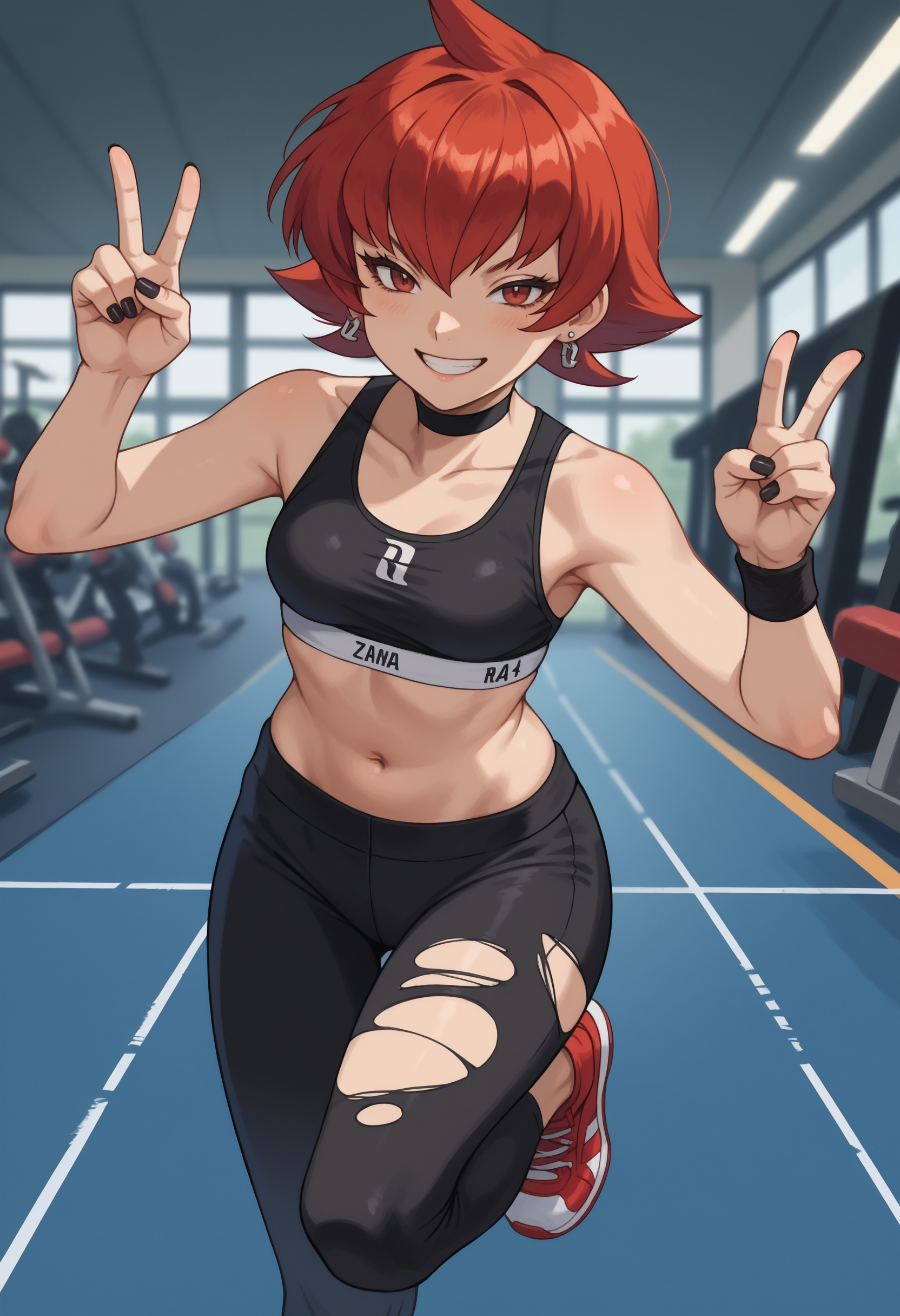 score_9, score_8_up,score_7_up, source_anime, 1girl, solo, EPGingadanMars, red eyes,  short hair, red hair,
navel, torn clothes, black nails, gloves, single glove, earrings, jewelry, black choker, midriff, sports bra, nail polish, leggings, sportswear, collarbone, wristband, bare shoulders, stomach, standing on one leg, jumping, smile, half-closed eyes, double v, blurry background, motion lines, motion blur,
<lora:Mars_pdxl_EliPot:1>