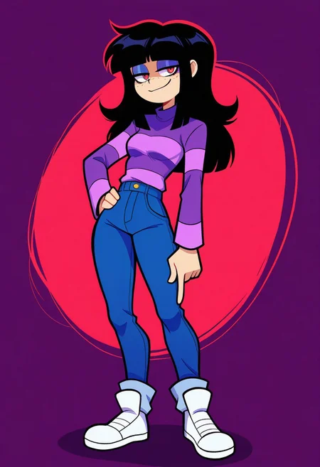 SarahHendersonFNF, 1girl, solo, red eyes, long hair, black hair, blunt bangs, freckles, small breasts, purple striped shirt, blue jeans, white shoes, full body, looking at viewer, eyeshadow, smug smile, standing, abstract background