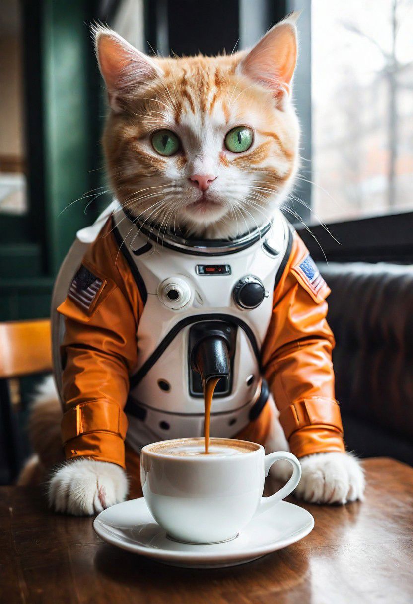 photo-realistic,
higly-detailed,
cat wearing a futuristic space suit,
serious expresssion
a orange and white kitty sipping a mug of hot coffee holding it with it's two front paws,
lapping up the coffee as if it were drinking water,
light green eyes,