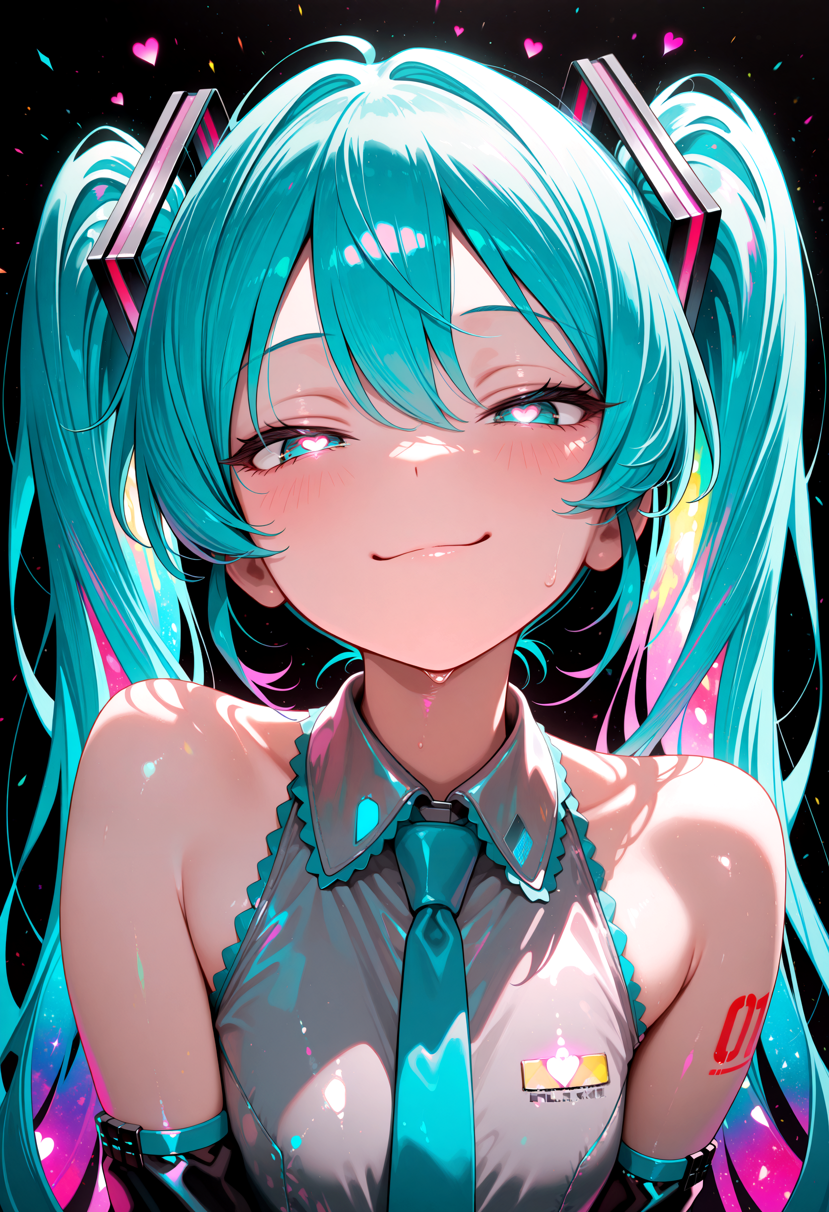 lazypos, Hatsune Miku,colorful,black background,colorful,vibrant,glowing outline,neon,blacklight,looking at viewer, smug, half closed eyes, heart eyes, anime