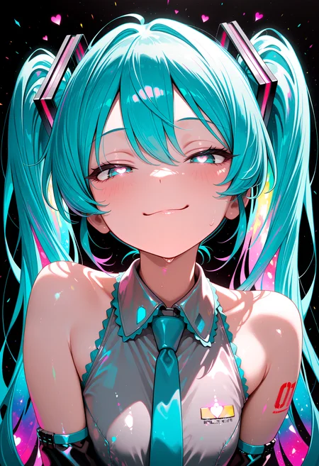 lazypos, Hatsune Miku,colorful,black background,colorful,vibrant,glowing outline,neon,blacklight,looking at viewer, smug, half closed eyes, heart eyes, anime